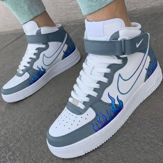 Grey Blue Flame Custom AF 1s Shoes
