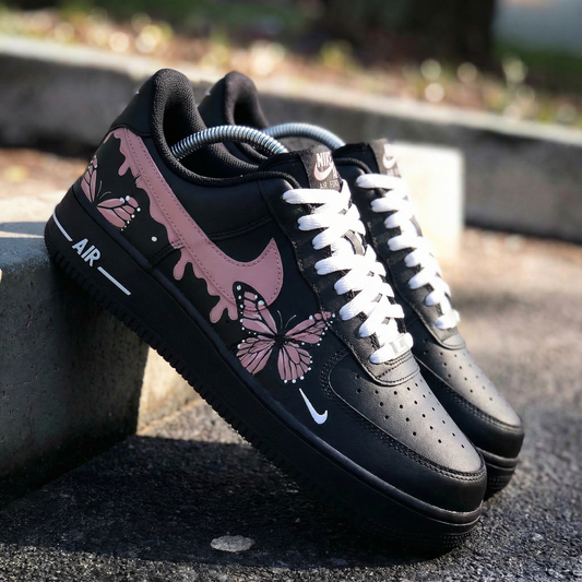 Hot Pink Butterflies on Black Drip Custom AF 1s Shoes