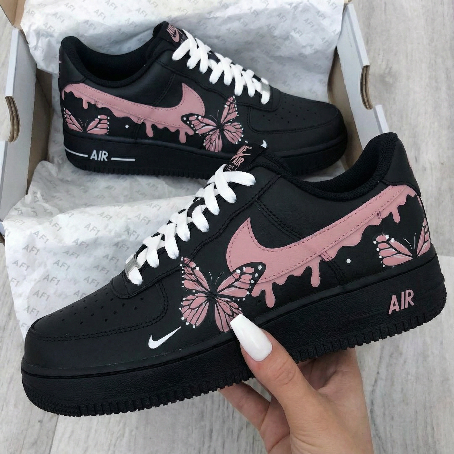 Hot Pink Butterflies on Black Drip Custom AF 1s Shoes