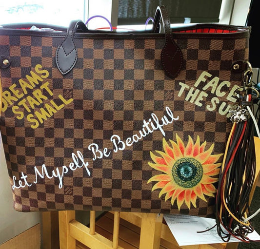 Custom Hand Painted Sunflower Checkered Tote Bag
