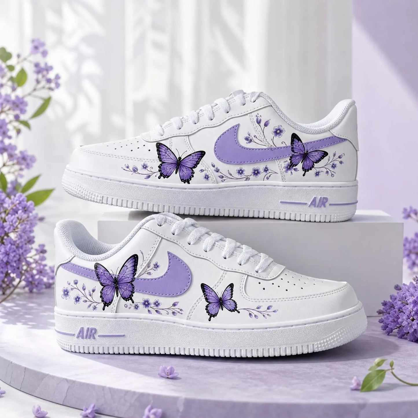 Hand Painted Purple Butterfly Flower Custom Air Force 1 Sneakers