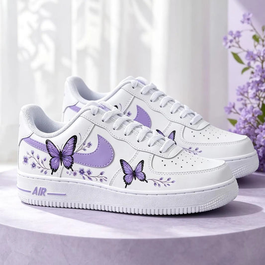 Hand Painted Purple Butterfly Flower Custom Air Force 1 Sneakers