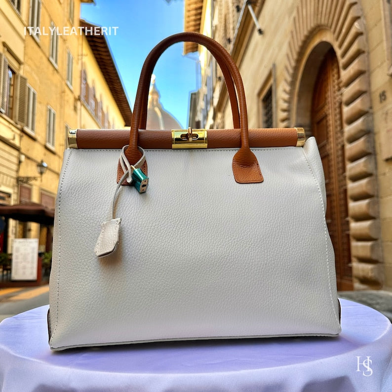 White & Brown Italian Handcrafted Pebbled Leather Tote Bag Detachable Crossbody Strap Luxury Daily Handbag, custom air force 1, custom sneakers
