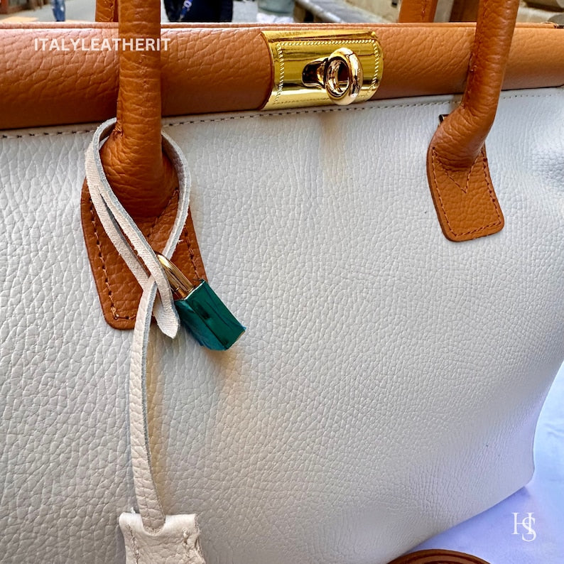 White & Brown Italian Handcrafted Pebbled Leather Tote Bag Detachable Crossbody Strap Luxury Daily Handbag, custom air force 1, custom sneakers