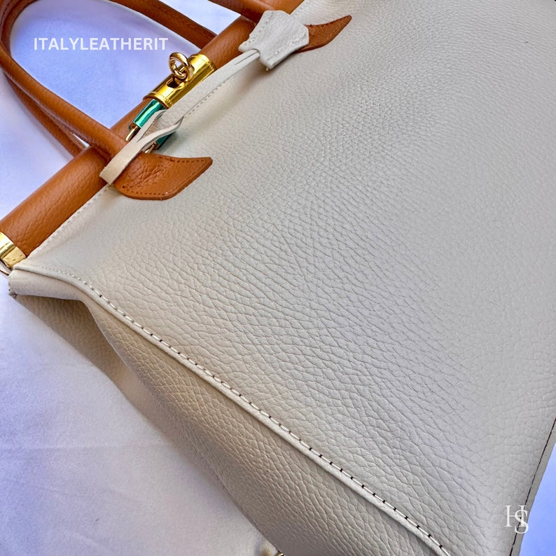 White & Brown Italian Handcrafted Pebbled Leather Tote Bag Detachable Crossbody Strap Luxury Daily Handbag, custom air force 1, custom sneakers