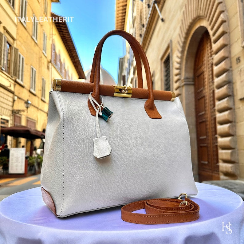 White & Brown Italian Handcrafted Pebbled Leather Tote Bag Detachable Crossbody Strap Luxury Daily Handbag, custom air force 1, custom sneakers