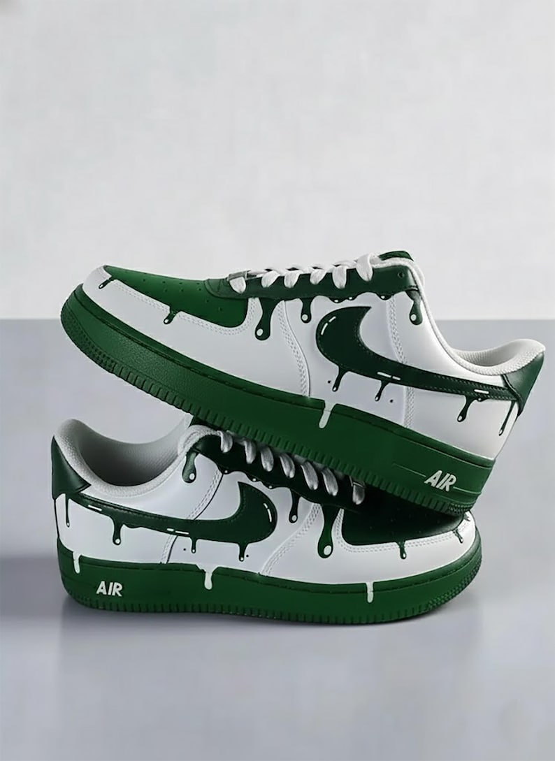 Hand Painted Green Drip Custom Air Force 1, White & Green Unique Graffiti Street Style Custom Sneakers, Unisex Trendy Casual Skate Shoes for Daily Wear