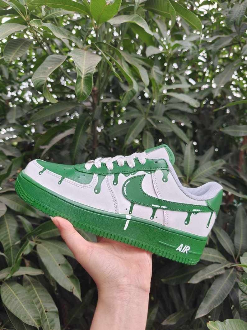 Hand Painted Green Drip Custom Air Force 1, White & Green Unique Graffiti Street Style Custom Sneakers, Unisex Trendy Casual Skate Shoes for Daily Wear