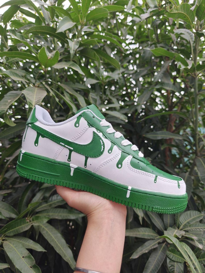 Hand Painted Green Drip Custom Air Force 1, White & Green Unique Graffiti Street Style Custom Sneakers, Unisex Trendy Casual Skate Shoes for Daily Wear