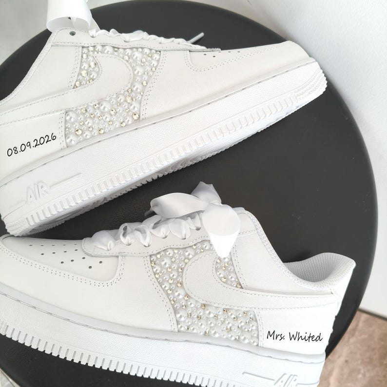 Pearl Rhinestone Embellished White Bridal Wedding Custom Air Force 1, Personalized Name & Wedding Date Satin Lace Custom Sneakers for Bride