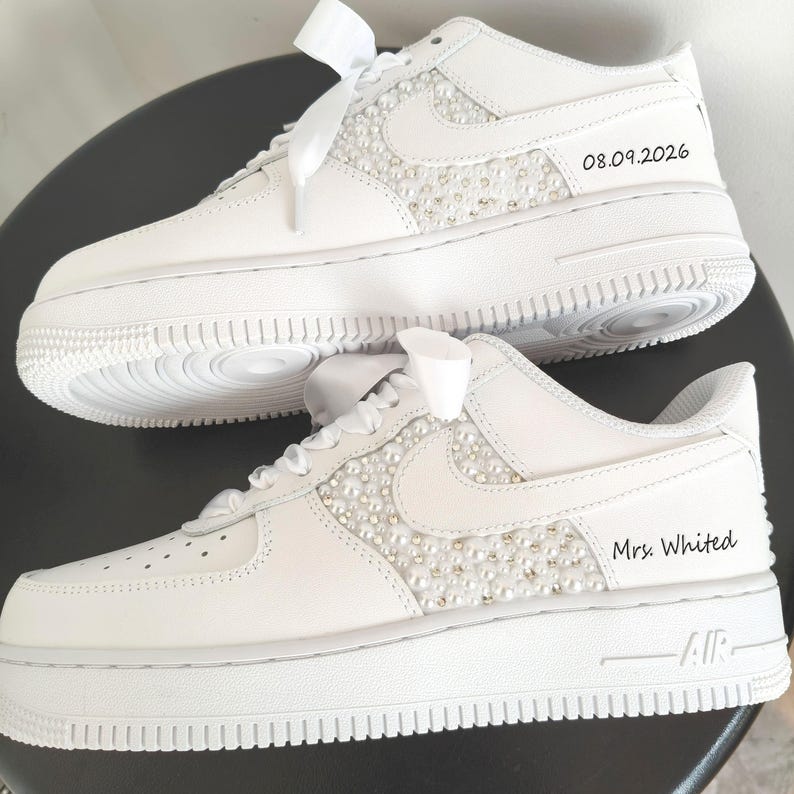 Pearl Rhinestone Embellished White Bridal Wedding Custom Air Force 1, Personalized Name & Wedding Date Satin Lace Custom Sneakers for Bride