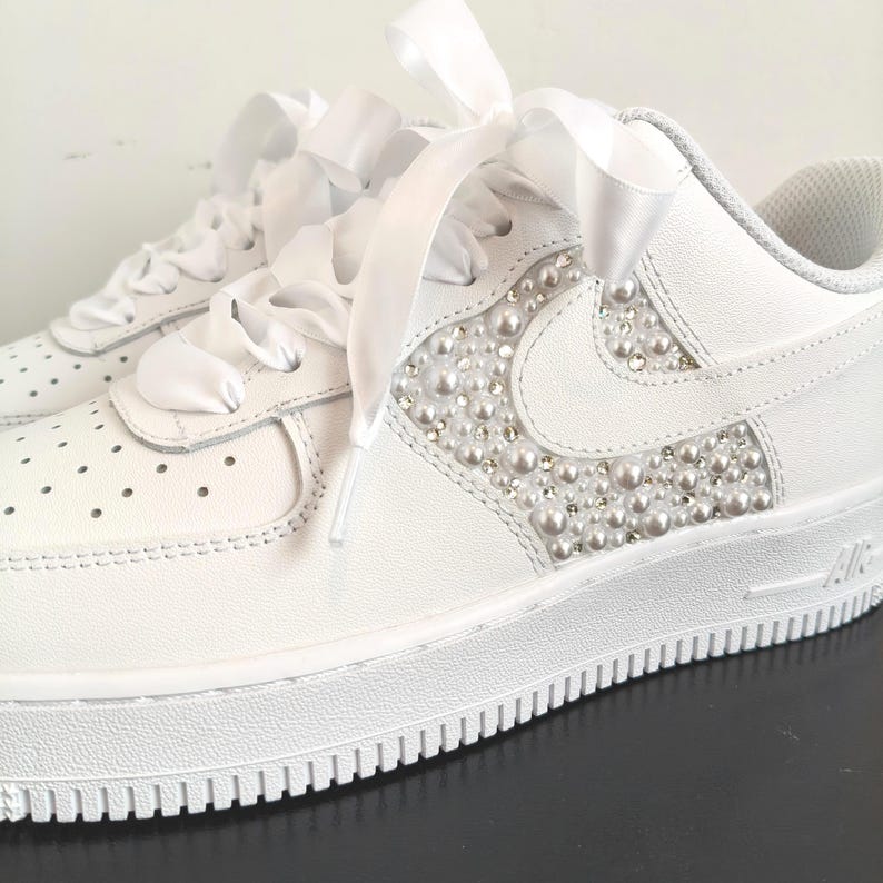 Pearl Rhinestone Embellished White Bridal Wedding Custom Air Force 1, Personalized Name & Wedding Date Satin Lace Custom Sneakers for Bride