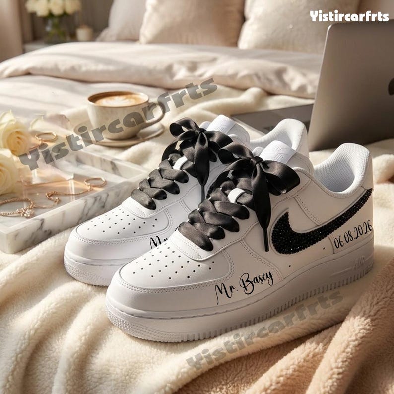 Personalized Wedding Custom Name & Date Black Rhinestone Satin Bow Lace Custom Air Force 1, Bride Groom Bridal Party Comfortable Fashion Custom Sneakers