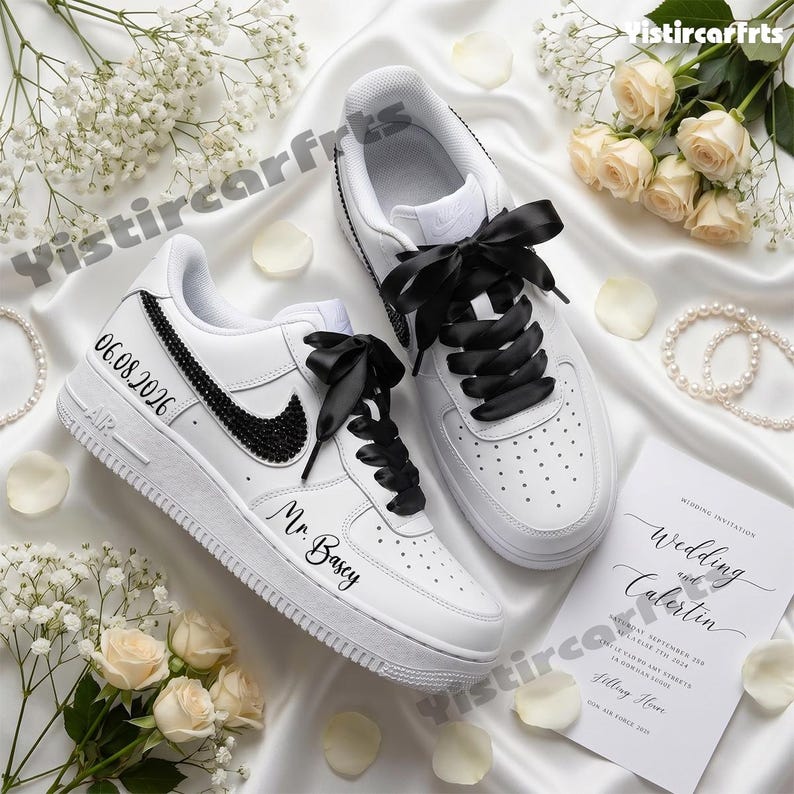 Personalized Wedding Custom Name & Date Black Rhinestone Satin Bow Lace Custom Air Force 1, Bride Groom Bridal Party Comfortable Fashion Custom Sneakers