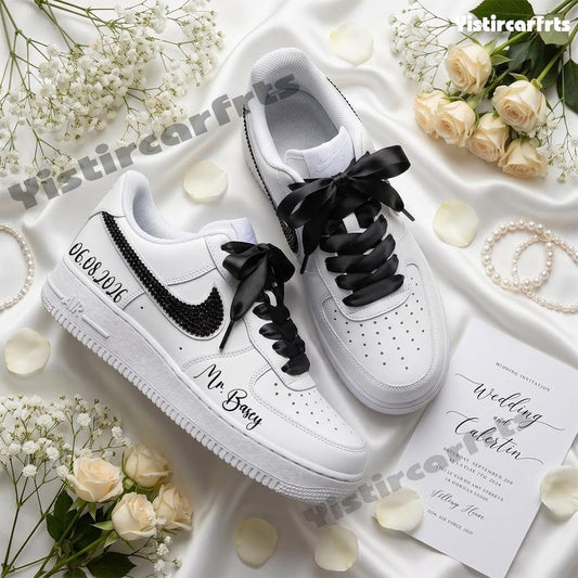 Personalized Wedding Custom Name & Date Black Rhinestone Satin Bow Lace Custom Air Force 1, Bride Groom Bridal Party Comfortable Fashion Custom Sneakers