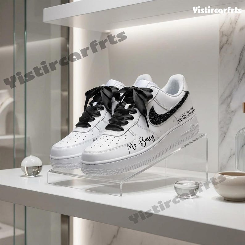 Personalized Wedding Custom Name & Date Black Rhinestone Satin Bow Lace Custom Air Force 1, Bride Groom Bridal Party Comfortable Fashion Custom Sneakers