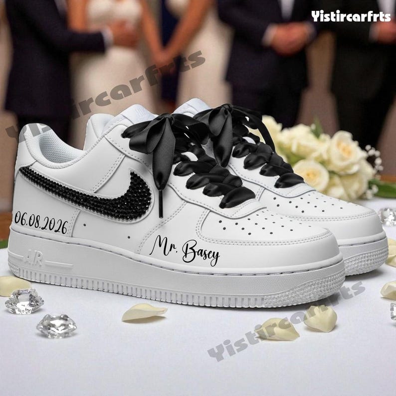 Personalized Wedding Custom Name & Date Black Rhinestone Satin Bow Lace Custom Air Force 1, Bride Groom Bridal Party Comfortable Fashion Custom Sneakers