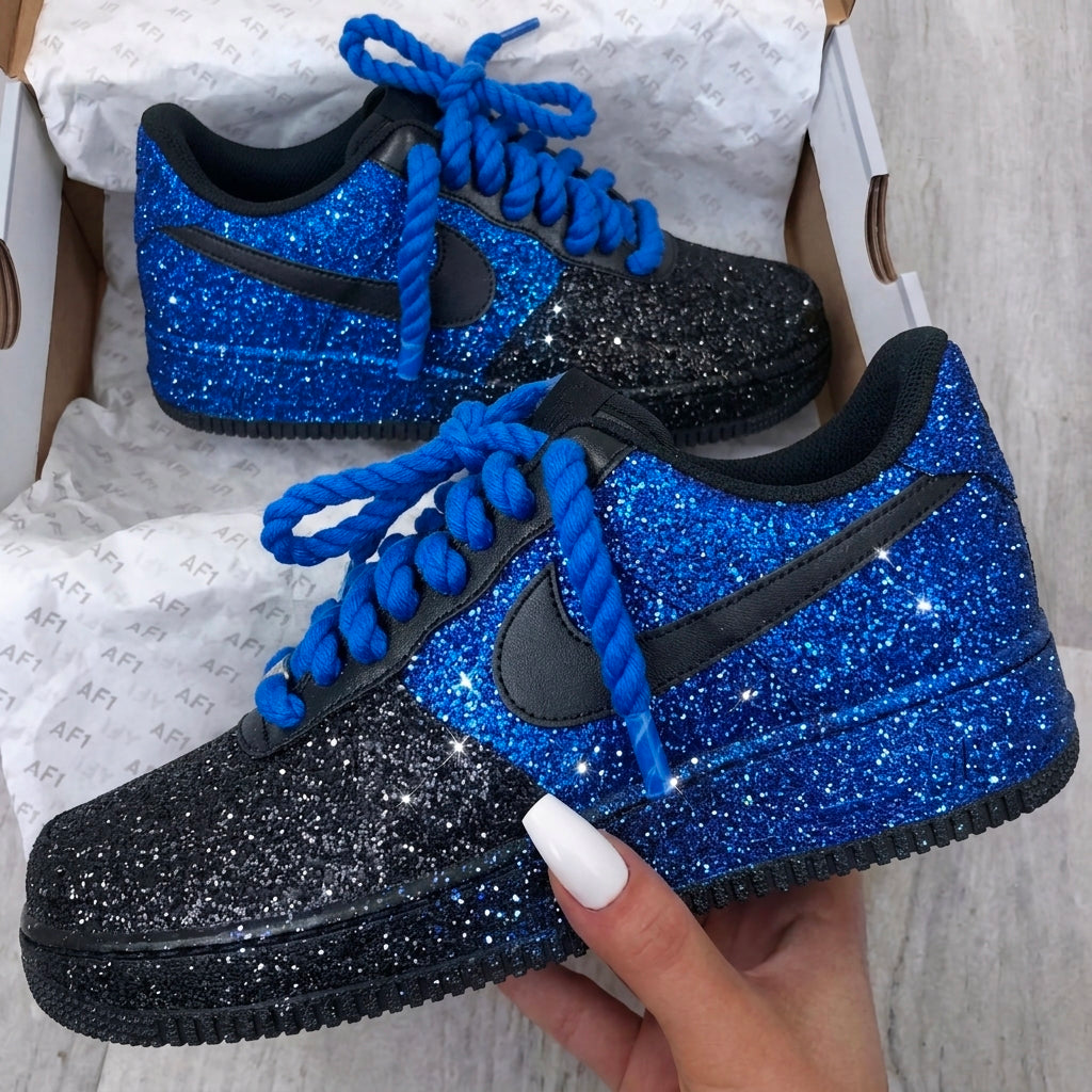 Blue Black Glitter Hand Painted Custom Air Force 1 Sneakers