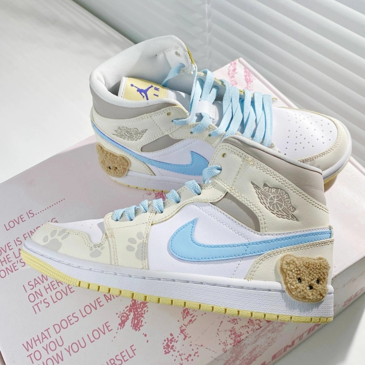 Custom Air Jordan 1 Light Yellow Blue Grey Bear Paw Prints