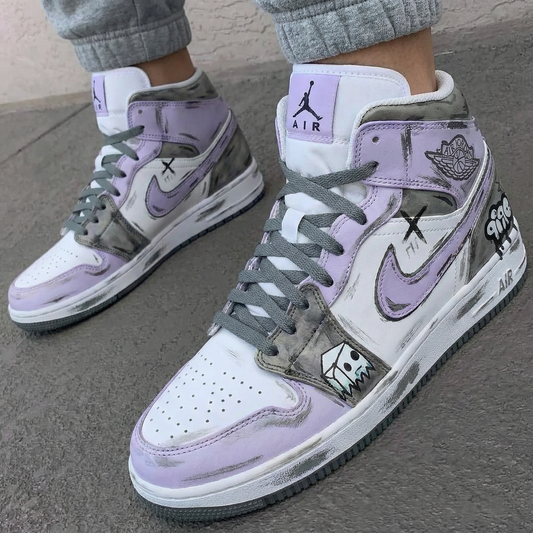 Lavender Gray Graffiti Custom AJ 1s Shoes