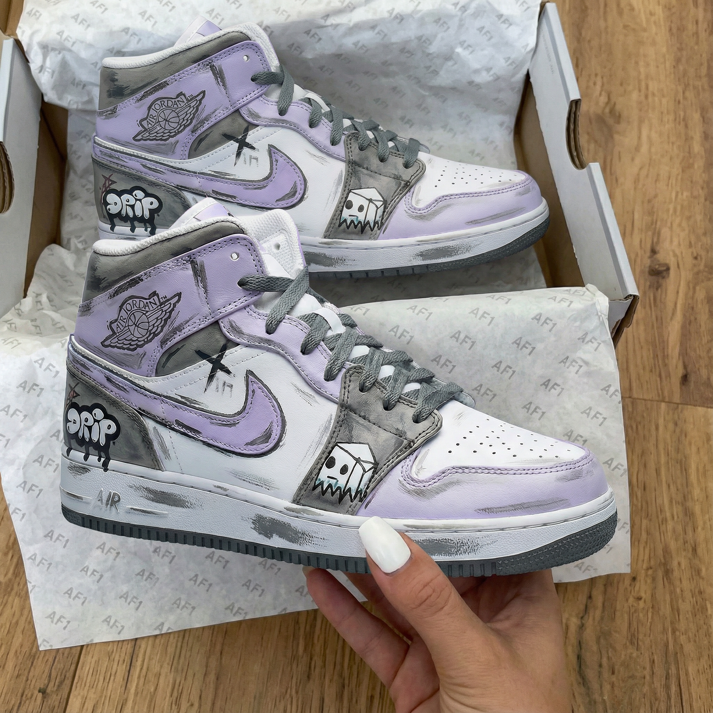 Lavender Gray Graffiti Custom AJ 1s Shoes