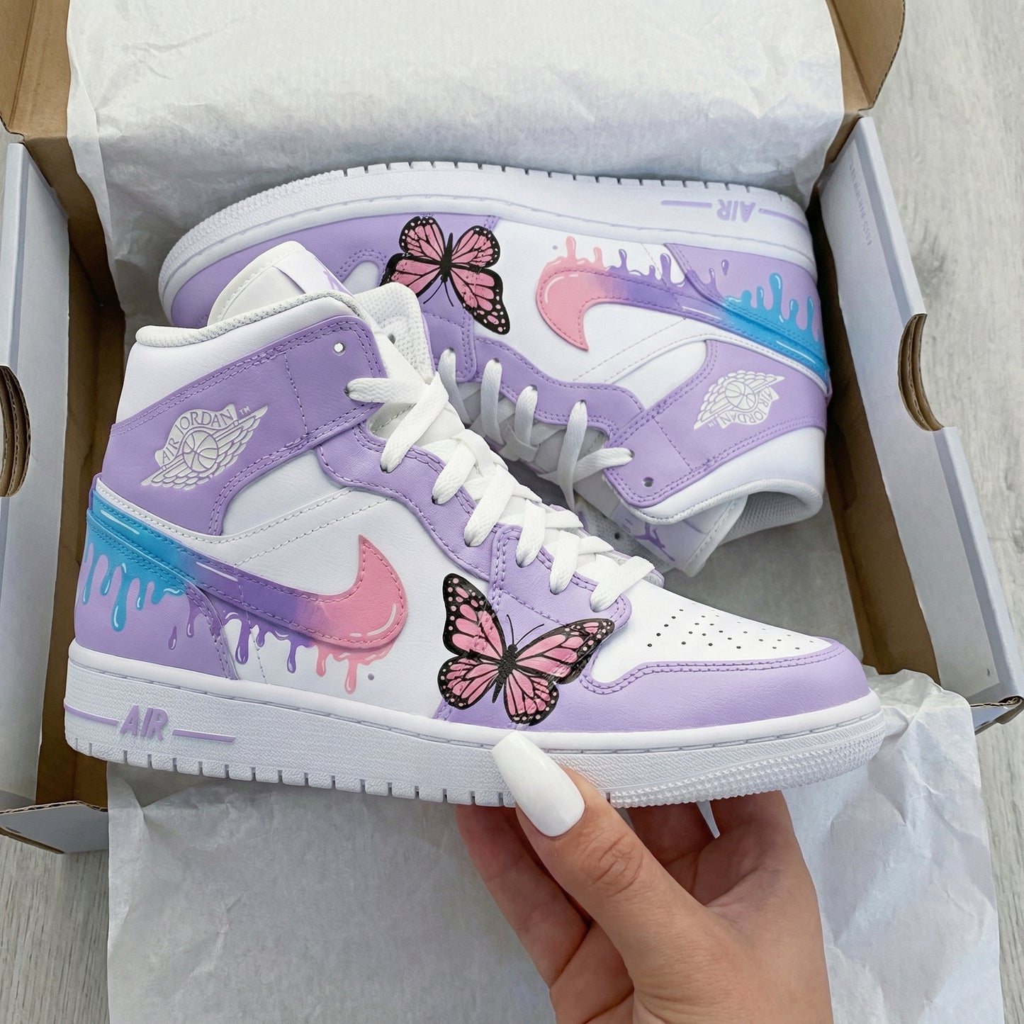 Lavender White Butterfly Drip Custom AJ 1s Shoes