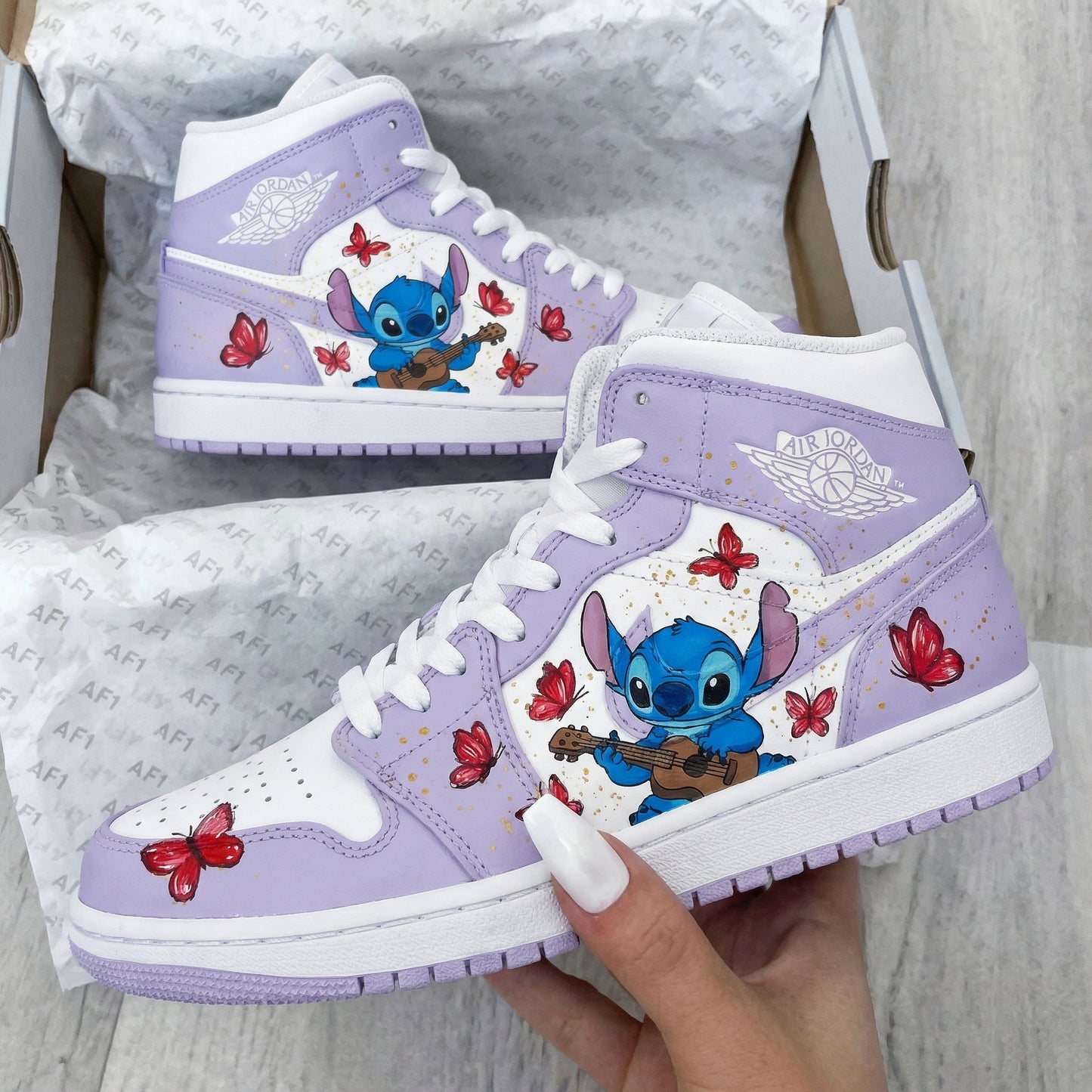 Lavender White Stitch Butterflies Custom AJ 1s Shoes