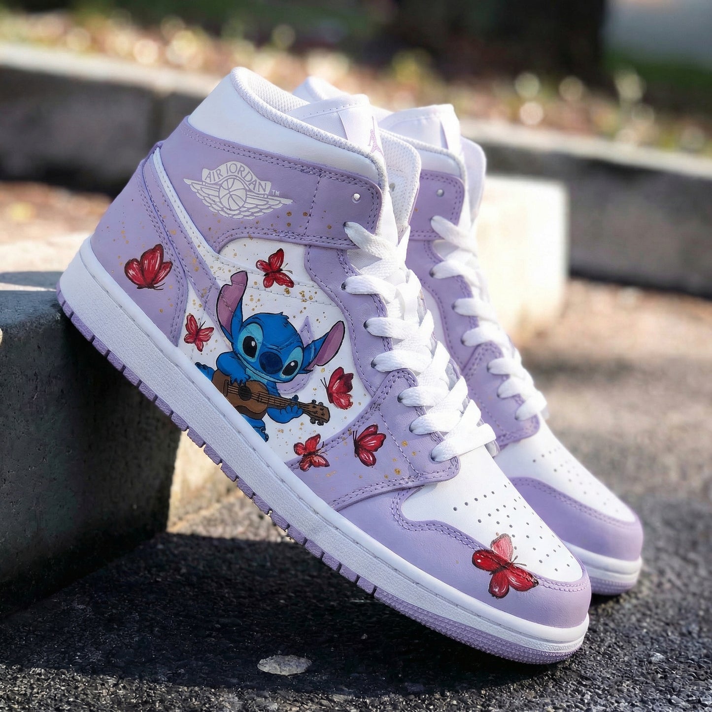 Lavender White Stitch Butterflies Custom AJ 1s Shoes