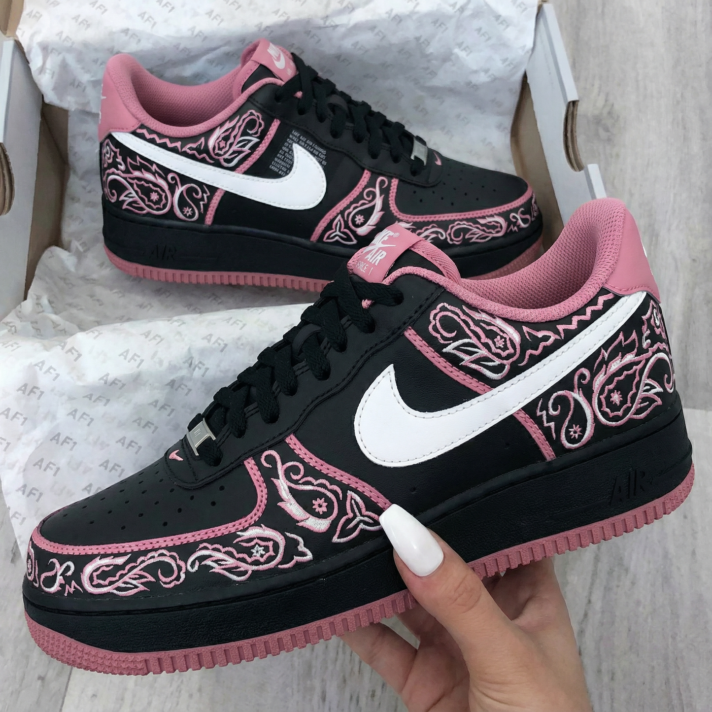 Luxurious Black Pink Paisley Custom AF 1s Shoes