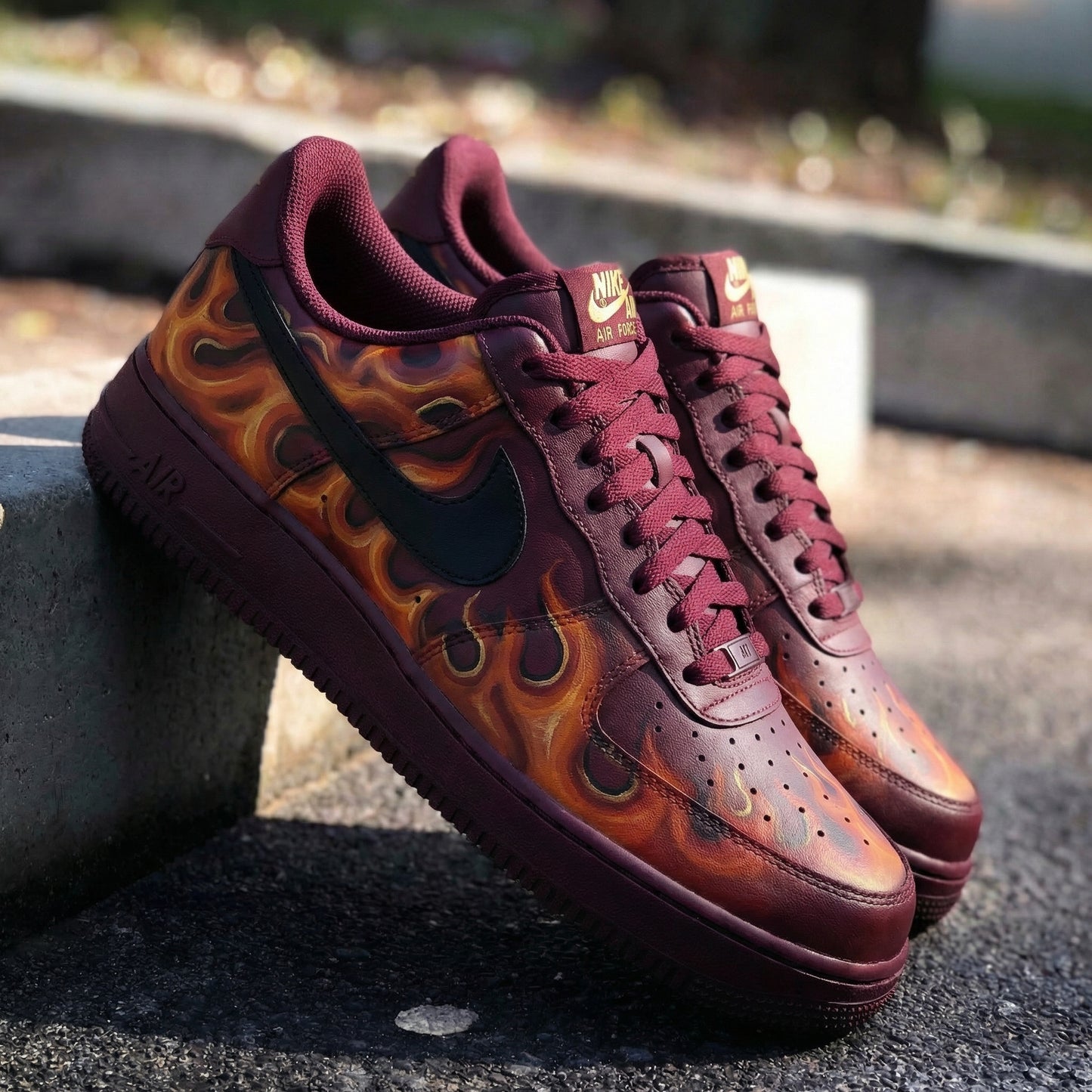 Luxurious Burgundy Flame Custom AF 1s Shoes