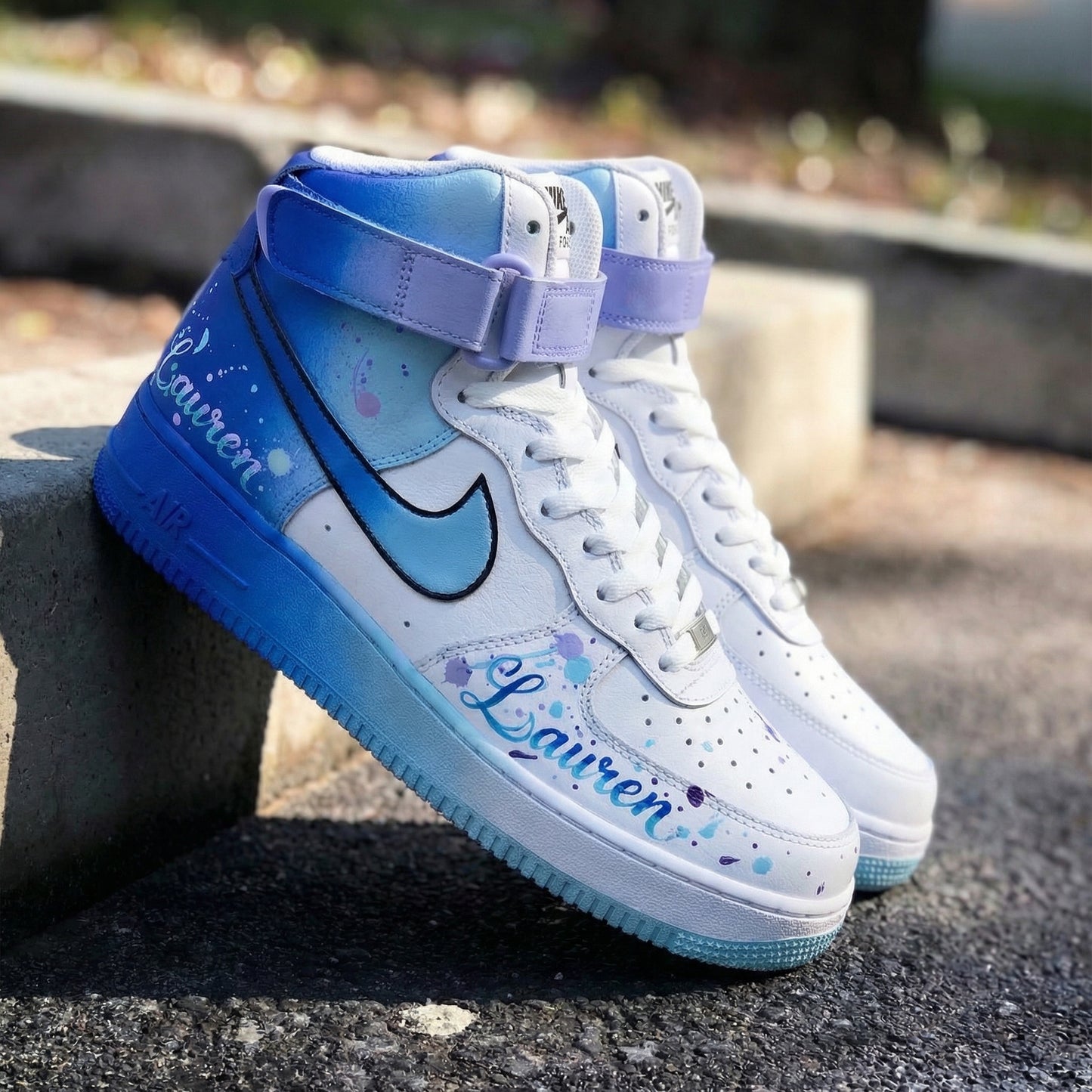 Magical Baby Blue Purple Splatter Design Custom AF 1s Shoes