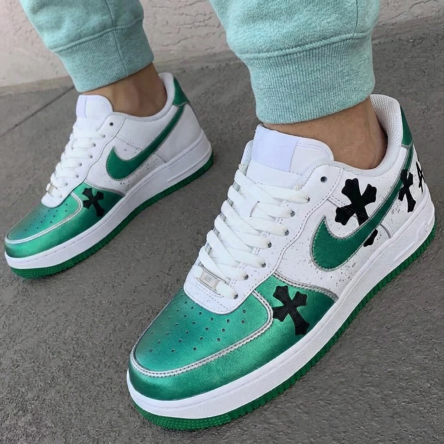 Metallic Green Black Crosses Custom AF 1s Shoes
