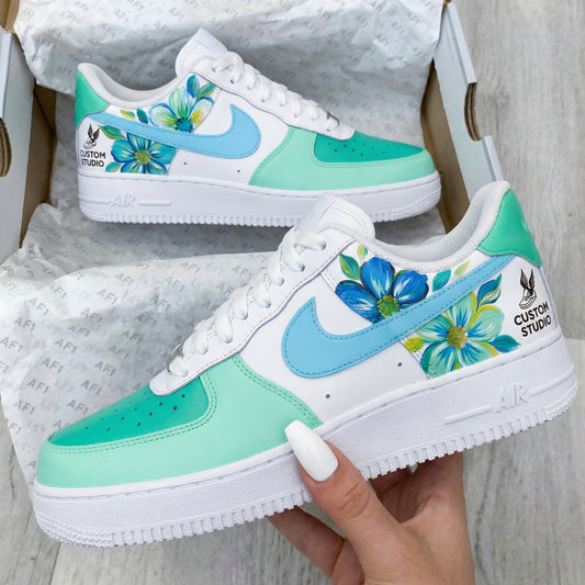 Mint Baby Blue Floral Custom AF 1s Shoes