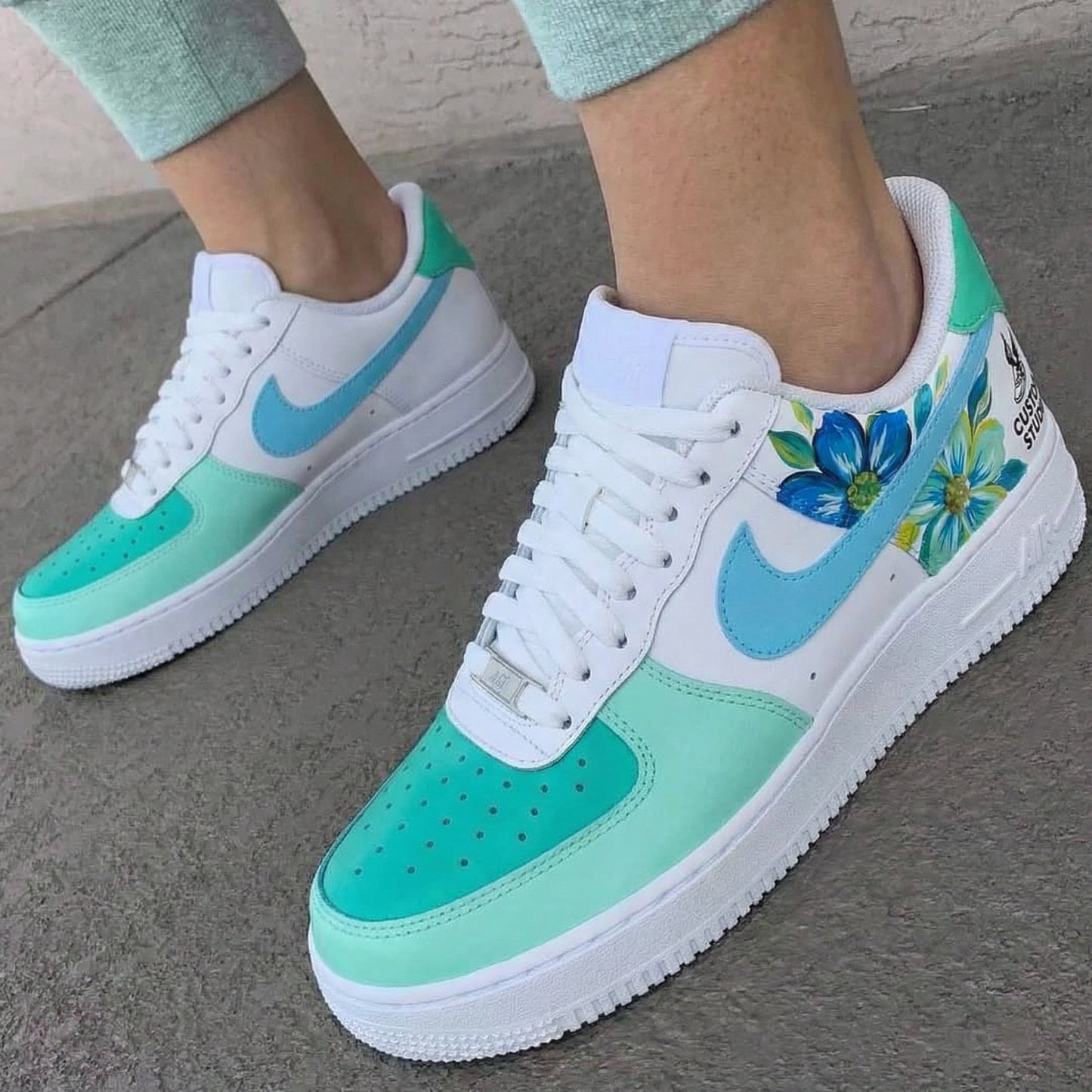 Mint Baby Blue Floral Custom AF 1s Shoes