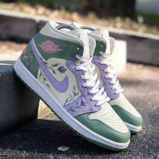 Mint Green Lavender Floral Custom AJ 1s Shoes