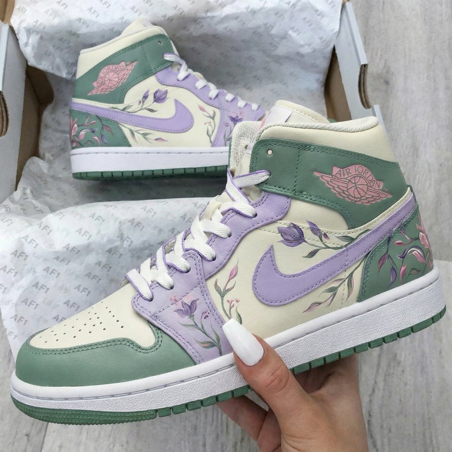 Mint Green Lavender Floral Custom AJ 1s Shoes