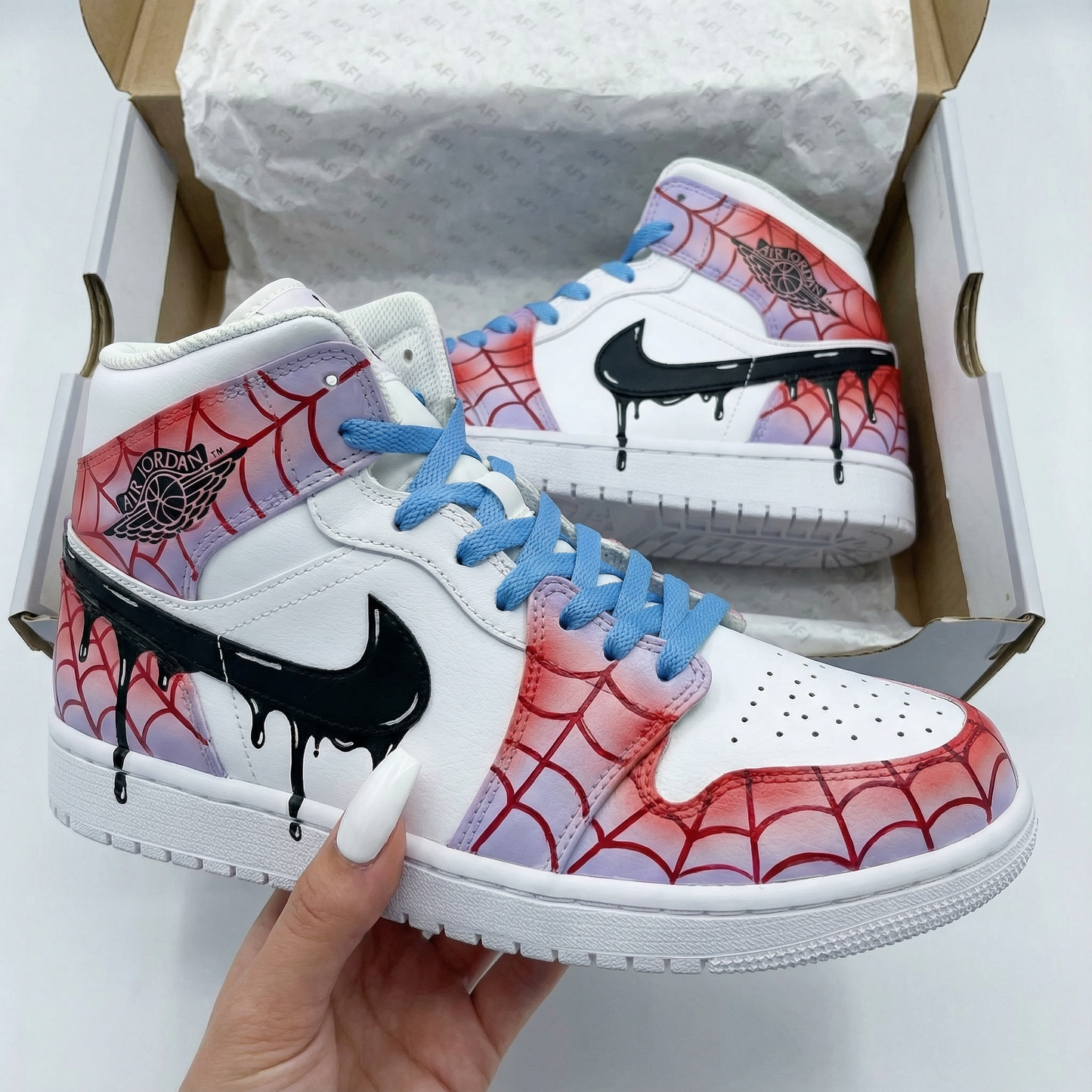Mystic Blue Red Spider Web Effect Web Custom AJ 1s Shoes