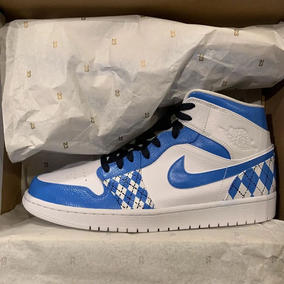 Navy Blue White Argyle Motif Custom AJ 1s Shoes