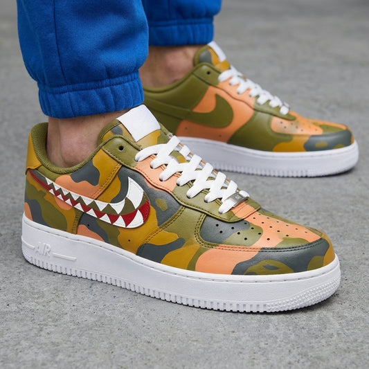 Olive Orange Yellow Gray Camouflage Shark Teeth Custom AF 1s Shoes