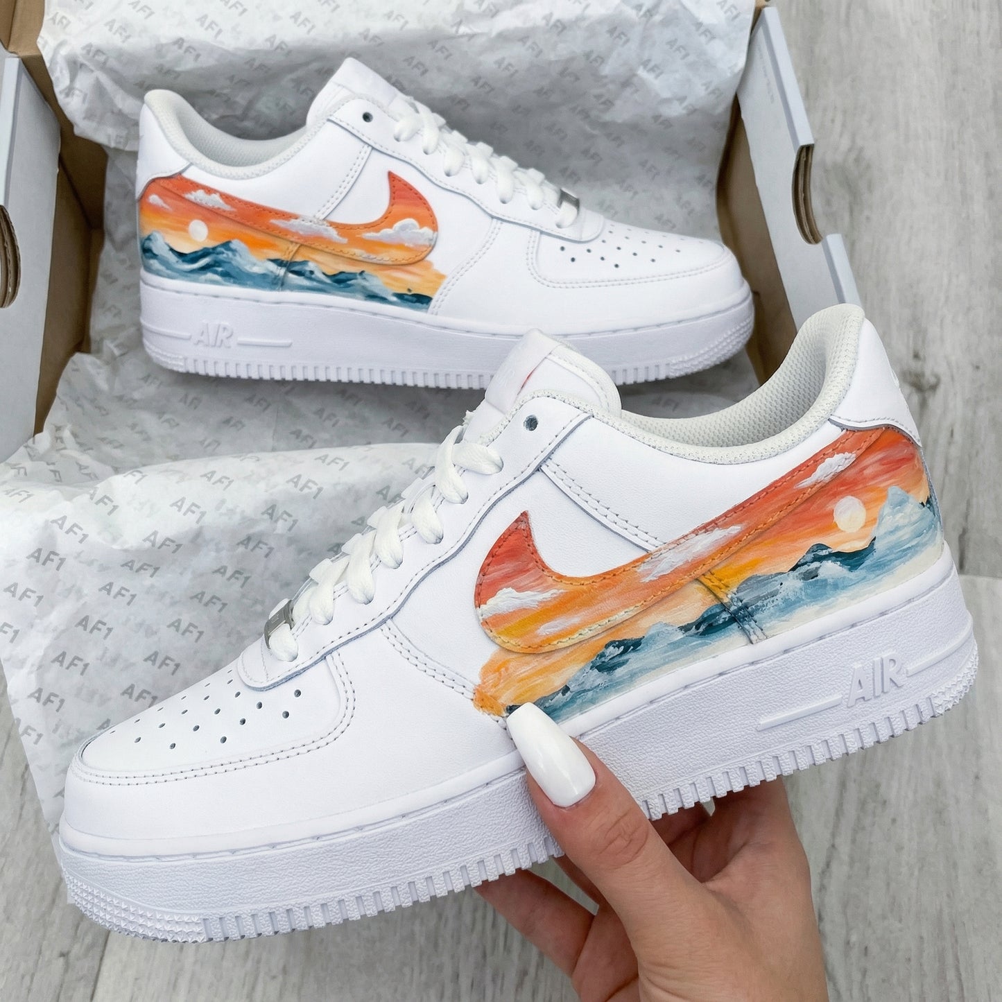 Orange Blue Sunset Mountain Sea Painting Custom AF 1s Shoes