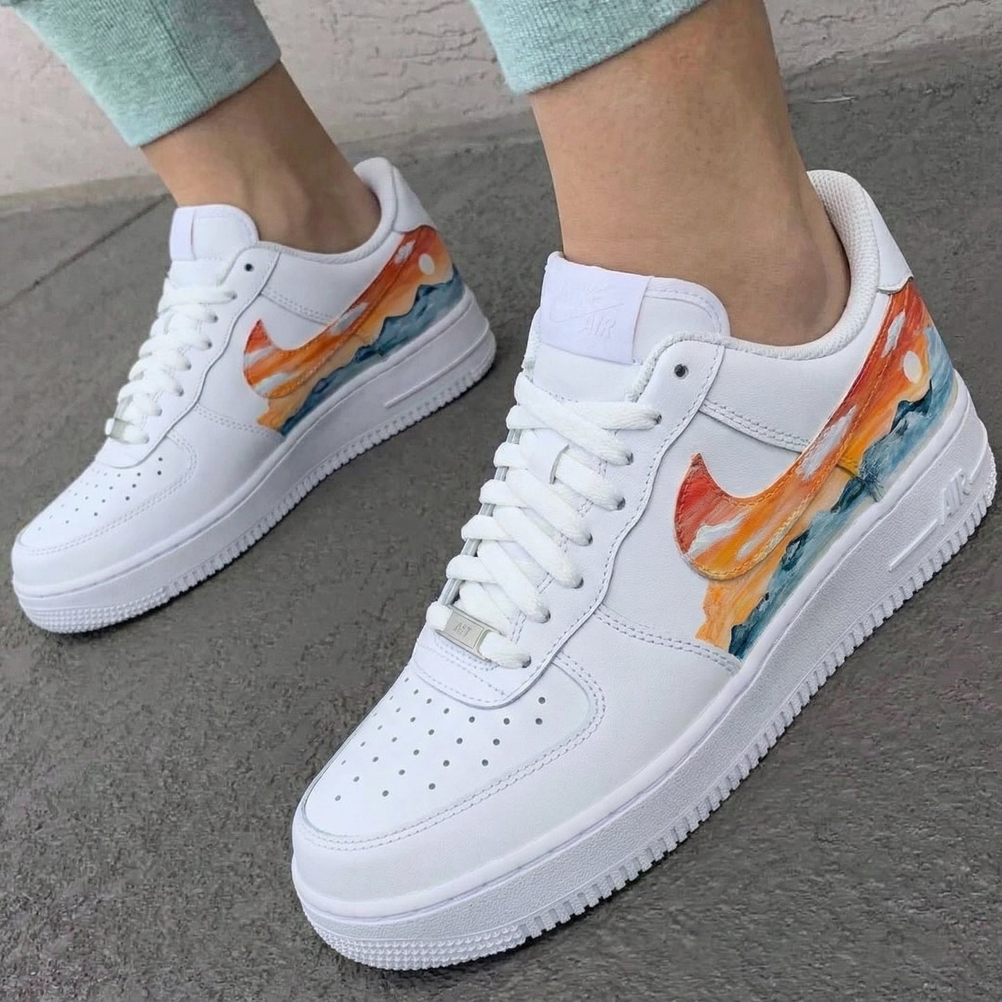 Orange Blue Sunset Mountain Sea Painting Custom AF 1s Shoes
