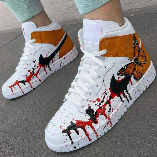 Orange Butterfly Paint - Splatter Custom AJ 1s Shoes
