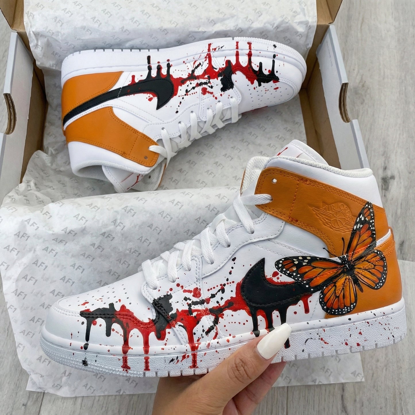 Orange Butterfly Paint - Splatter Custom AJ 1s Shoes