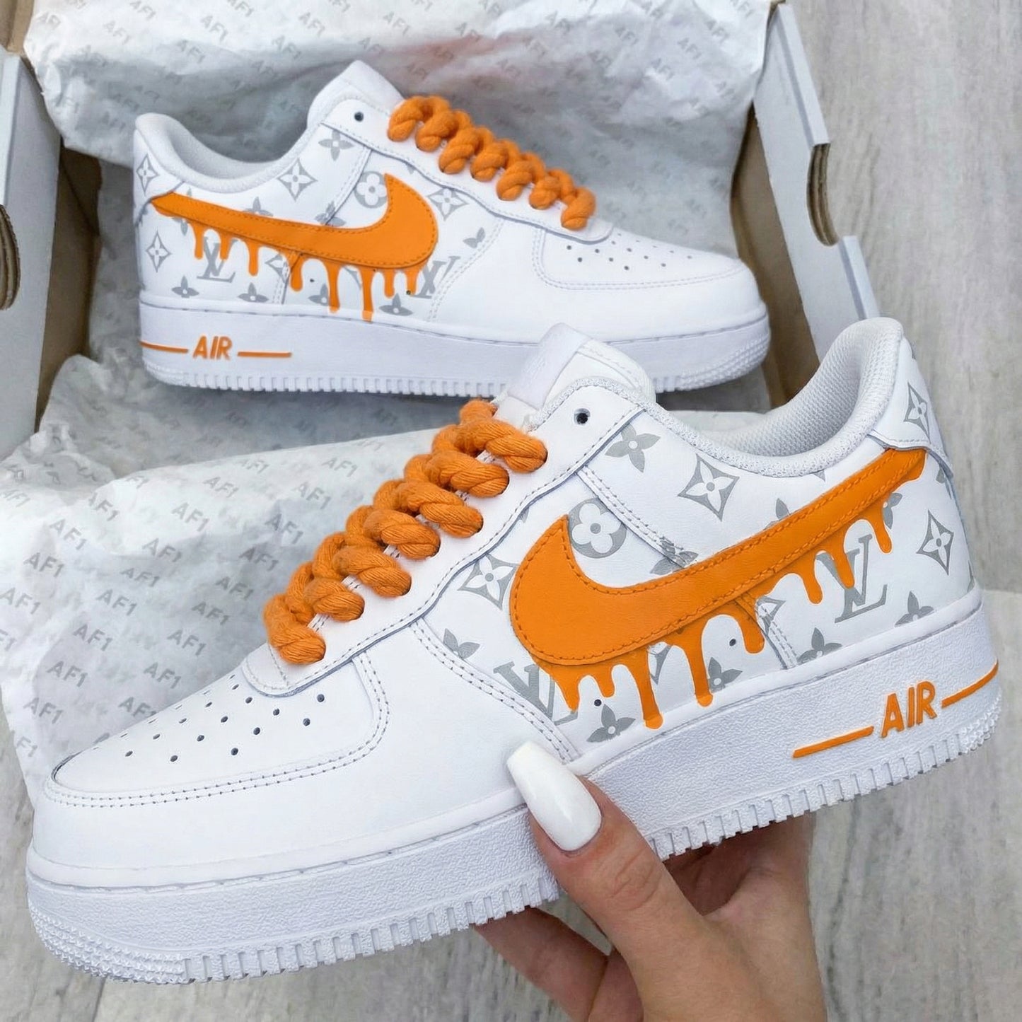Orange Dripping LV Logo Custom AF 1s Shoes