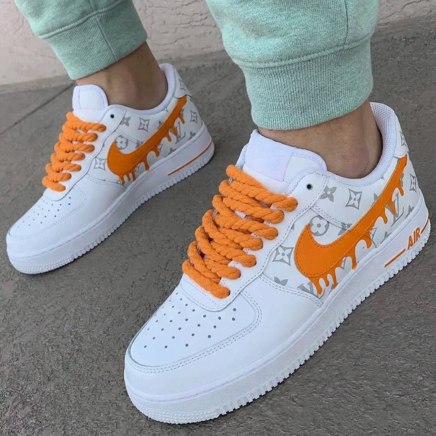 Orange Dripping LV Logo Custom AF 1s Shoes