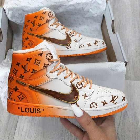 Orange LV Print Custom AJ 1s Shoes