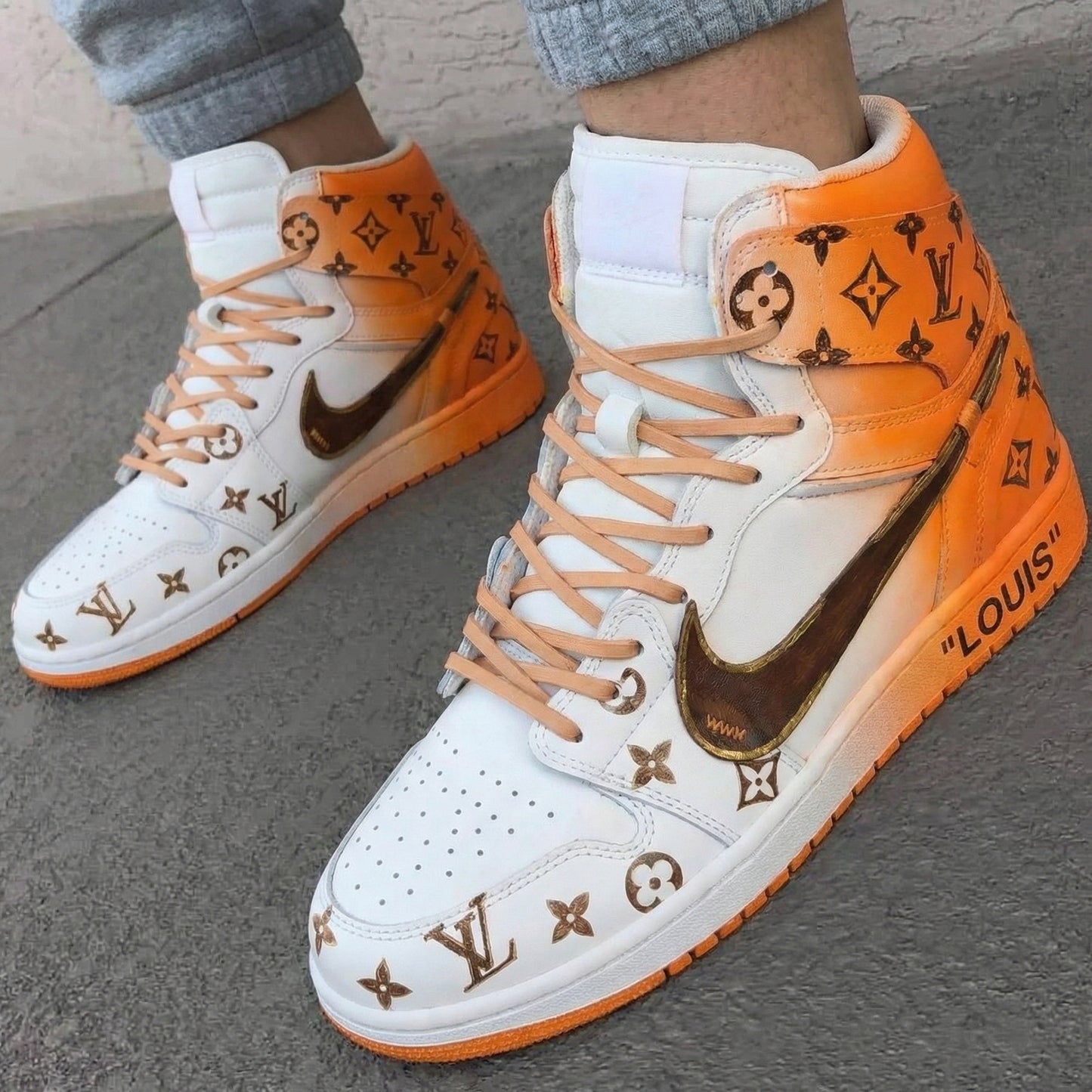 Orange LV Print Custom AJ 1s Shoes