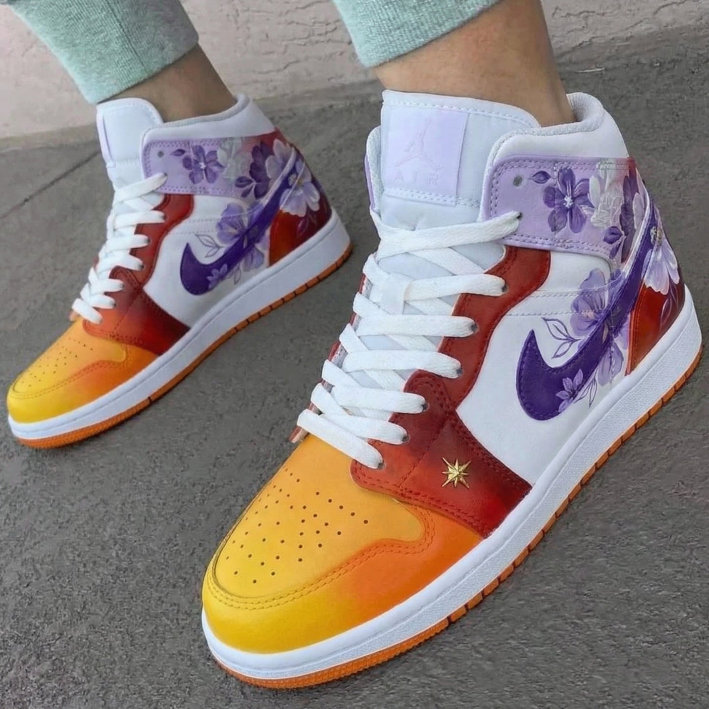 Orange Red Purple Floral Custom AJ 1s Shoes