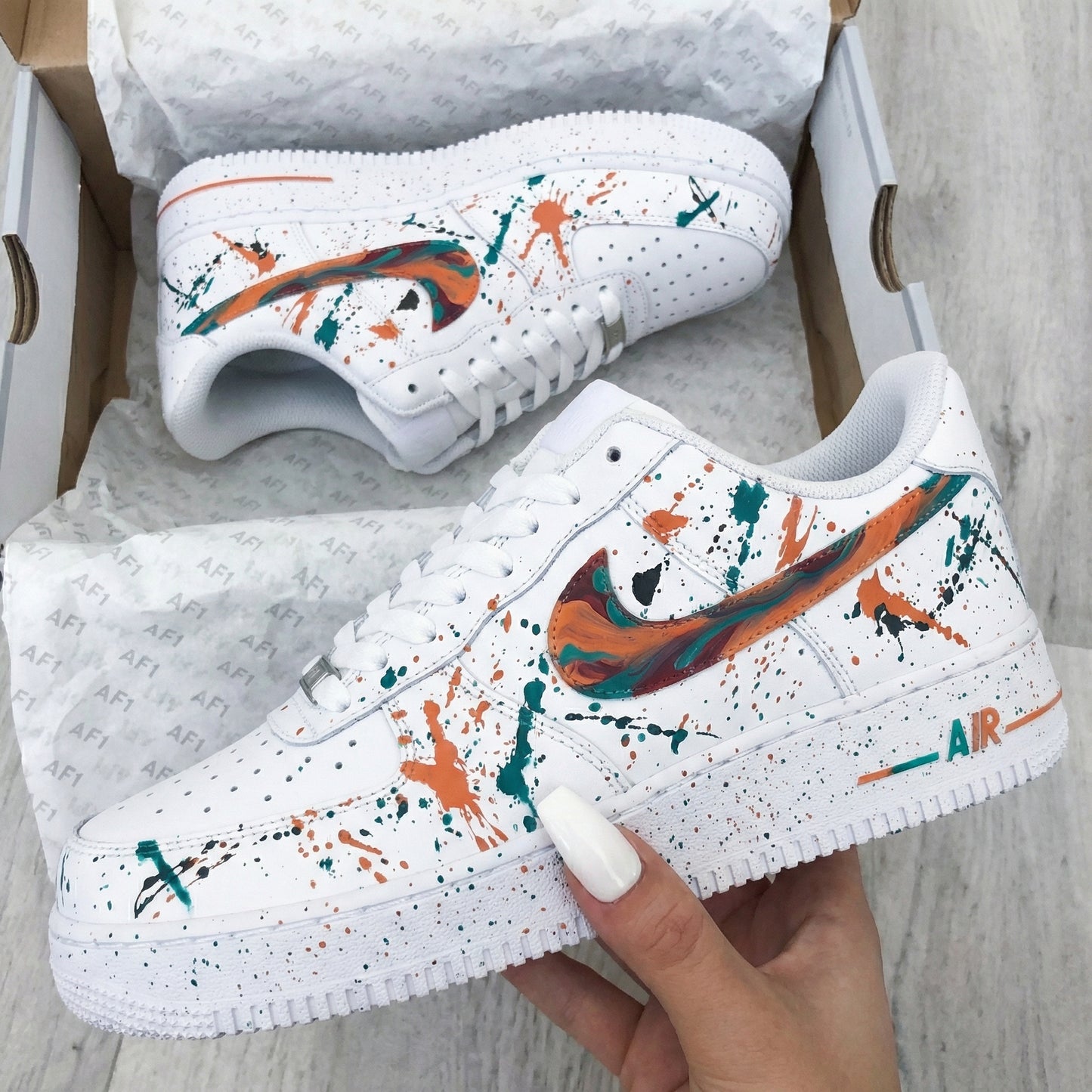 Orange Teal Paint Splatter Custom AF 1s Shoes