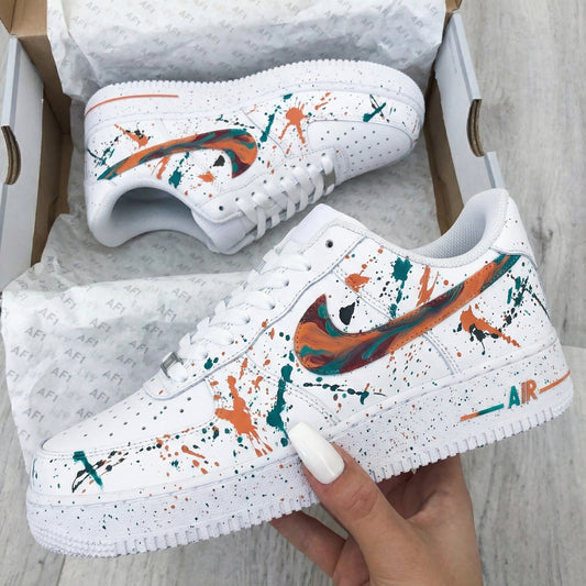 Orange Teal Paint Splatter Custom AF 1s Shoes